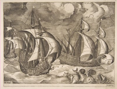 Drie karvelen in een opkomende storm met Arion op een dolfijn uit De zeilschepen, 1561-65 door Frans Huys