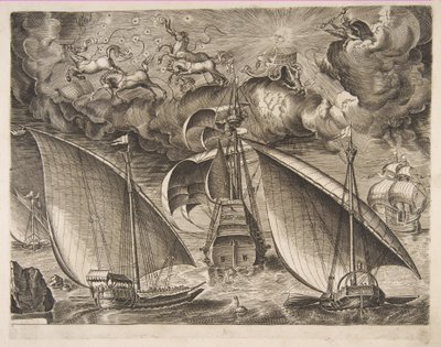 Twee galeien varen achter een bewapende driemaster met Phaeton en Jupiter in de lucht, f..., 1561-65 door Frans Huys