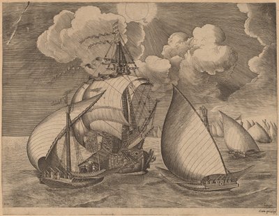 Een Vloot van Galeien Begeleid door een Karveel door Frans Huys after Pieter Bruegel the Elder