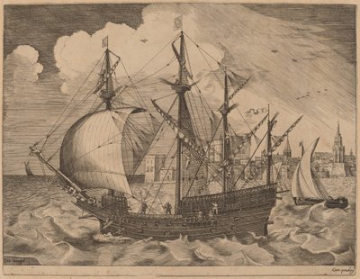 Gewapende viermaster die naar zee gaat door Frans Huys after Pieter Bruegel the Elder