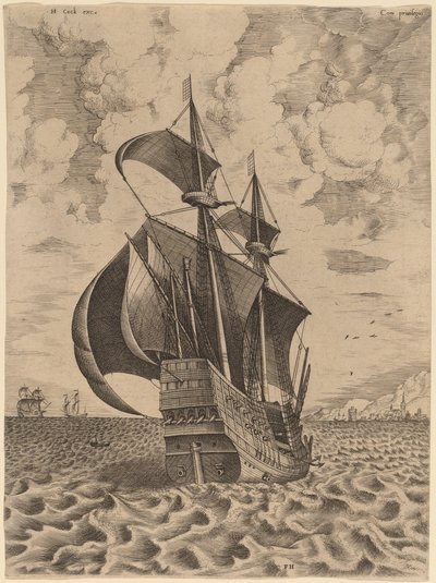 Gewapende viermaster zeilt naar een haven door Frans Huys after Pieter Bruegel the Elder
