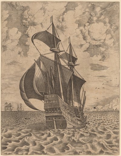 Bewapende driemaster zeilt naar een haven door Frans Huys after Pieter Bruegel the Elder