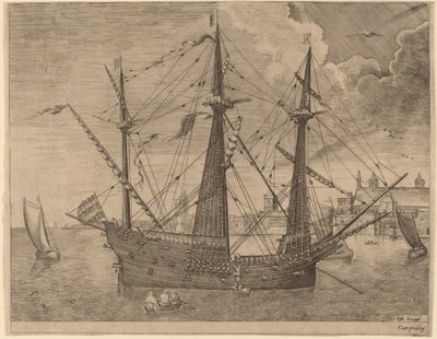 Gewapende Drie-Master Voor Anker bij een Stad door Frans Huys after Pieter Bruegel the Elder