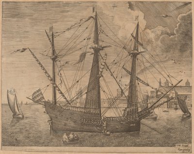 Gewapende Drie-Master Voor Anker bij een Stad door Frans Huys after Pieter Bruegel the Elder