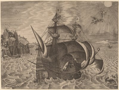 Gewapende driemaster met Daedalus en Icarus in de lucht door Frans Huys after Pieter Bruegel the Elder