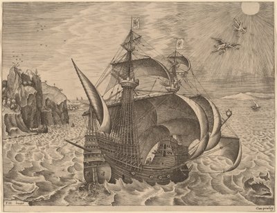 Gewapende driemaster met Daedalus en Icarus in de lucht door Frans Huys after Pieter Bruegel the Elder