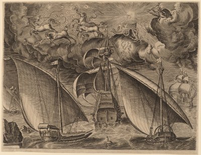 Twee galeien achter een bewapende driemaster met Phaethon en Jupiter in de lucht door Frans Huys after Pieter Bruegel the Elder
