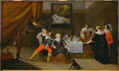 Gezelschapsscène met een schilderij van Danaë op de achtergrond door Frans III Francken