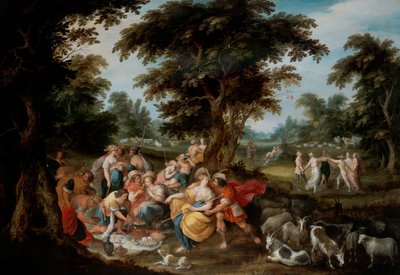 Arcadia: een pastorale landschap met herders en herderinnen die picknicken door Frans II the Younger Francken