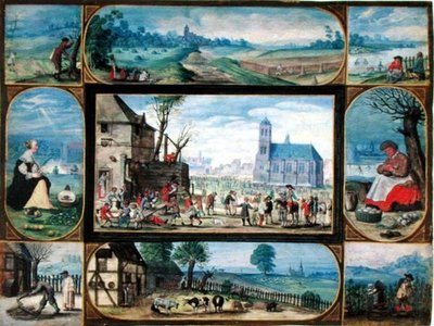 Compositie van tien allegorische scènes van het leven in de stad en op het platteland door Frans II the Younger Francken