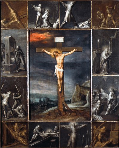 De gekruisigde Christus omgeven door scènes van martelaarschap van de apostelen door Frans II the Younger Francken