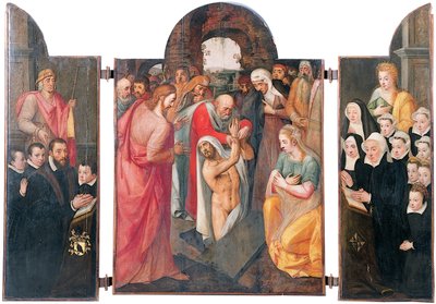 Drieluik: de opwekking van Lazarus in het centrale compartiment met een knielende mannelijke schenker, gepresenteerd door St. Jacob en zijn zonen op de linker vleugel, zijn vrouw knielend, gepresenteerd door St. Catharina en haar dochters op de rechter vle door Frans I Pourbus
