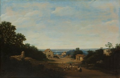Braziliaans landschap met het dorp Igaraçu. Links de kerk van Sts Cosmas en Damian door Frans Post