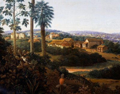 Serinhaem dorp in Brazilië of Het huis van een suikerrietplanter in Brazilië door Frans Post