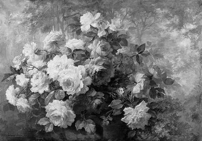 Een bos rozen in een bebost landschap door Frans Mortelmans
