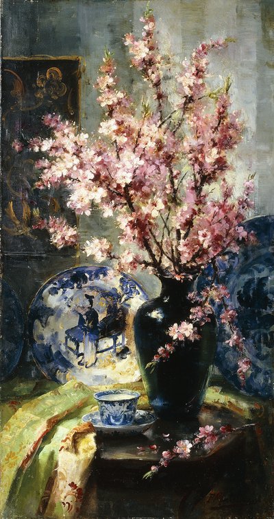 Appelbloesems en Blauw-Wit Porselein op een Tafel door Frans Mortelmans