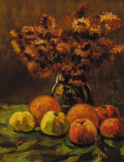 Appels, sinaasappels en een vaas met bloemen op een tafel door Frans Mortelmans