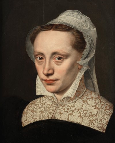 Portret van een dame, borstlengte, in zwart kostuum met witte kanten kraag en hoofdtooi door Frans Pourbus the Elder