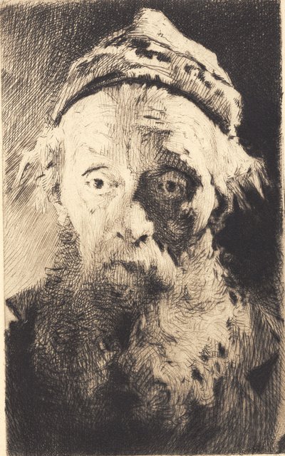 Oude man met witte wollen muts, en face door Frans Schwartz