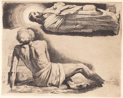 Proefplaat: Liggende man en een Christusfiguur bovenaan door Frans Schwartz