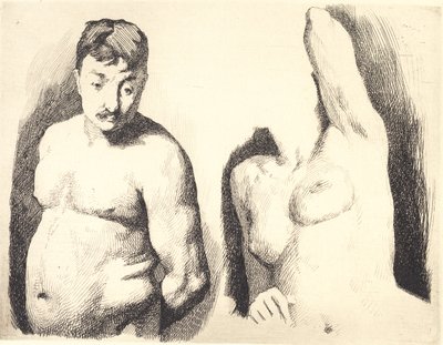 Proefplaat met twee studies naar naakte mannelijke en vrouwelijke modellen in halffiguur door Frans Schwartz