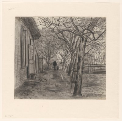 Boerenerf met bomen, vrouw en kind door Frans Alexander Evert Lodewijk Smissaert