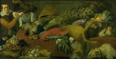 Voorraadkamer met wild, fruit, groenten en een dienaar door Frans Snijders