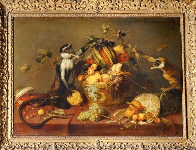 Twee apen plunderen een fruitmand ... door Frans Snyders
