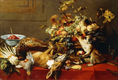 Een mand met fruit op een gedrapeerde tafel met dood wild en een aap door Frans Snyders or Snijders