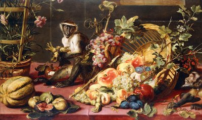 Een Omgevallen Mand met Fruit op een Gedrapeerde Tafel met Apen door Frans Snyders or Snijders