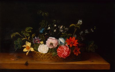 Bloemen in een Mand met Insecten op een Rand door Frans Ykens