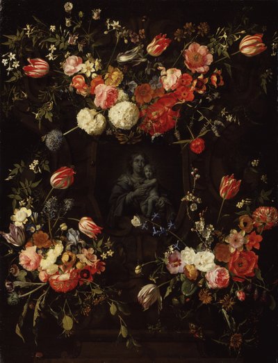 Madonna omringd door bloemen, 1662 door Frans Ykens