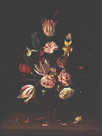 Tulpen, rozen, een iris en een narcis door Frans Ykens