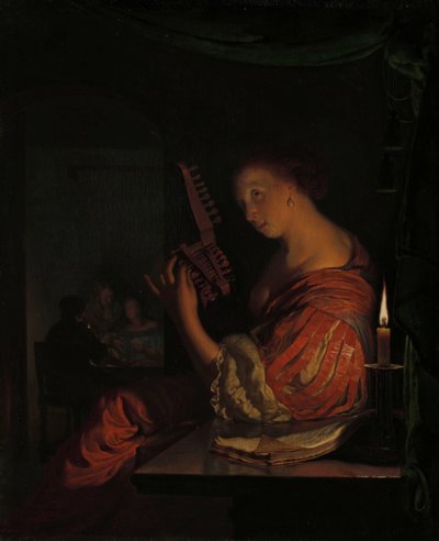 Vrouw die een theorbe stemt door Frans van Mieris (I)