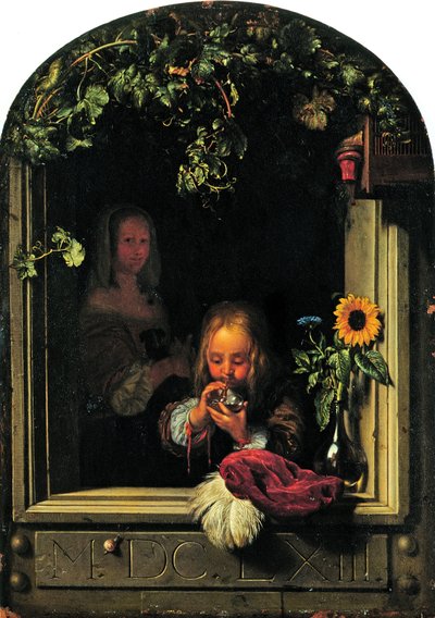 Jongen blaast bellen door Frans van Mieris the Elder