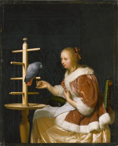 Jonge vrouw die een papegaai voedt, 1663 door Frans van Mieris the Elder