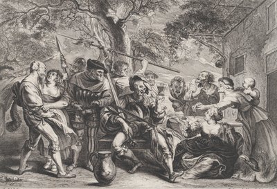 Don Quichot en troepen van La Santa Hermandad buiten een taverne, ca. 1635-1679 door Frans van den Wyngaerde