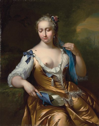 Dame in een landschap met een vlieg op haar schouder: een allegorie van aanraking, 1742 door Frans van der Mijn