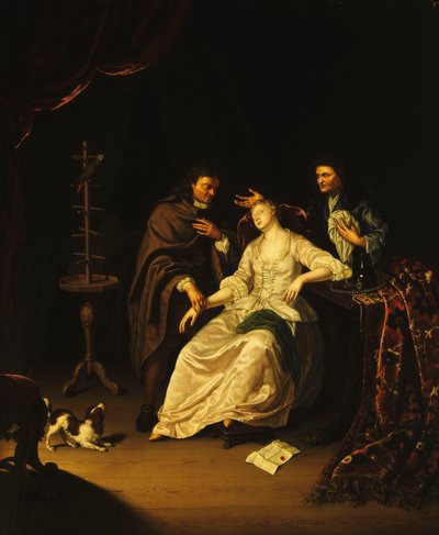 Een dokter die een flauwvallend meisje verzorgt, 1713 door Frans van the Younger Mieris