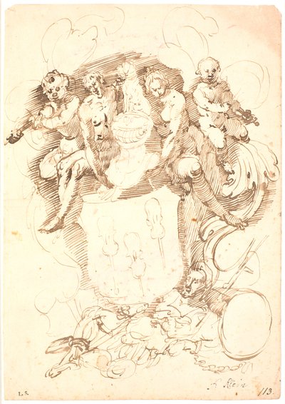 Heraldische compositie: wapenschild met drie omgekeerde violen, helm met hondenkroon, omgeven door twee figuren en twee vioolspelende putti, alles rustend op liggende manfiguur (Neptunus?) door Frantz Cleyn