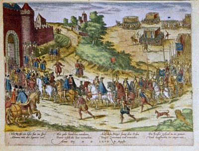 Intocht van Hertog Ferdinand Alvare van Toledo of Fernando Alvarez de Toledo y Pimentel (1508-1582), 3e Hertog van Alba de Tormes, in Brussel op 08/08/1567 met het Spaanse leger. 1653 Prent door Franz Hogenberg (1535-1590) Kabinet van Prenten, B.N., Parijs door Franz (after) Hogenberg