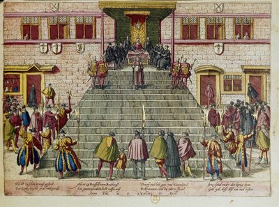 Voorlezing van de akte van gratie op 05/04/1574 in Brussel: Willem I van Oranje-Nassau, Prins van Oranje, bijgenaamd Willem de Zwijger (1533-1584) initiator van de opstand tegen Filips II van Spanje bekend als de Tachtigjarige Oorlog die culmineerde in de door Franz (after) Hogenberg