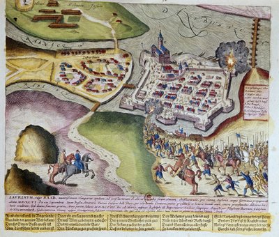 De verovering van Raab door Adolf Schwarzenberg op 28/03/1598. 1653 Prent door Franz Hogenberg (1535-1590) door Franz (after) Hogenberg