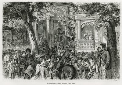 De Volks Prater: populair deel van de hoofdprater, met tal van attracties, circus, orkest en poppenshow. Gravure door Kollarz, ter illustratie van het verhaal Wenen en zijn buitenwijken, door M. Newlinski, in 1881, gepubliceerd in de Tour du monde, onder l door Franz (after) Kollarz