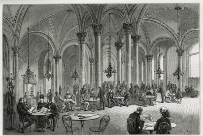 Het centrale café in Wenen (Oostenrijk). Gravure door Kollarz, ter illustratie van het verhaal Wenen en zijn voorsteden, door M. Newlinski, 1881, gepubliceerd in 