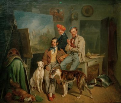 De broers Benno, Franz en Eugen Adam in het atelier door Franz Adam
