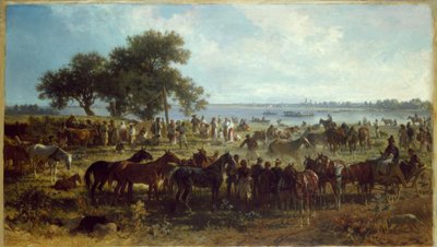 Schipveer aan de oever van de Theiss door Franz Adam