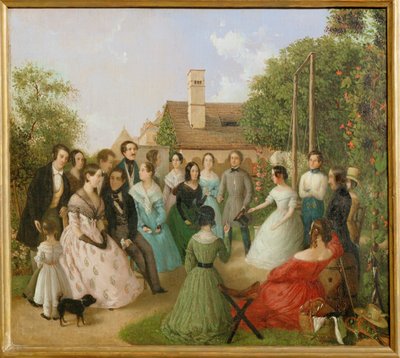 Pfaenderspiele der Familienmitglieder Alt im Garten - Een spel van verbeurdverklaringen in de tuin van de familie Alt ... (schilderij op doek) door Franz Alt