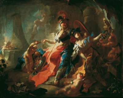 De academie met haar attributen aan de voeten van Minerva door Franz Anton Maulbertsch