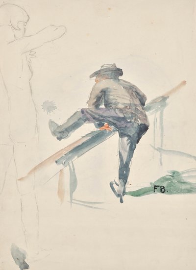 Man die over een reling klimt en omtrekken van een meisjesnaakt door Franz Barwig d. Ä.